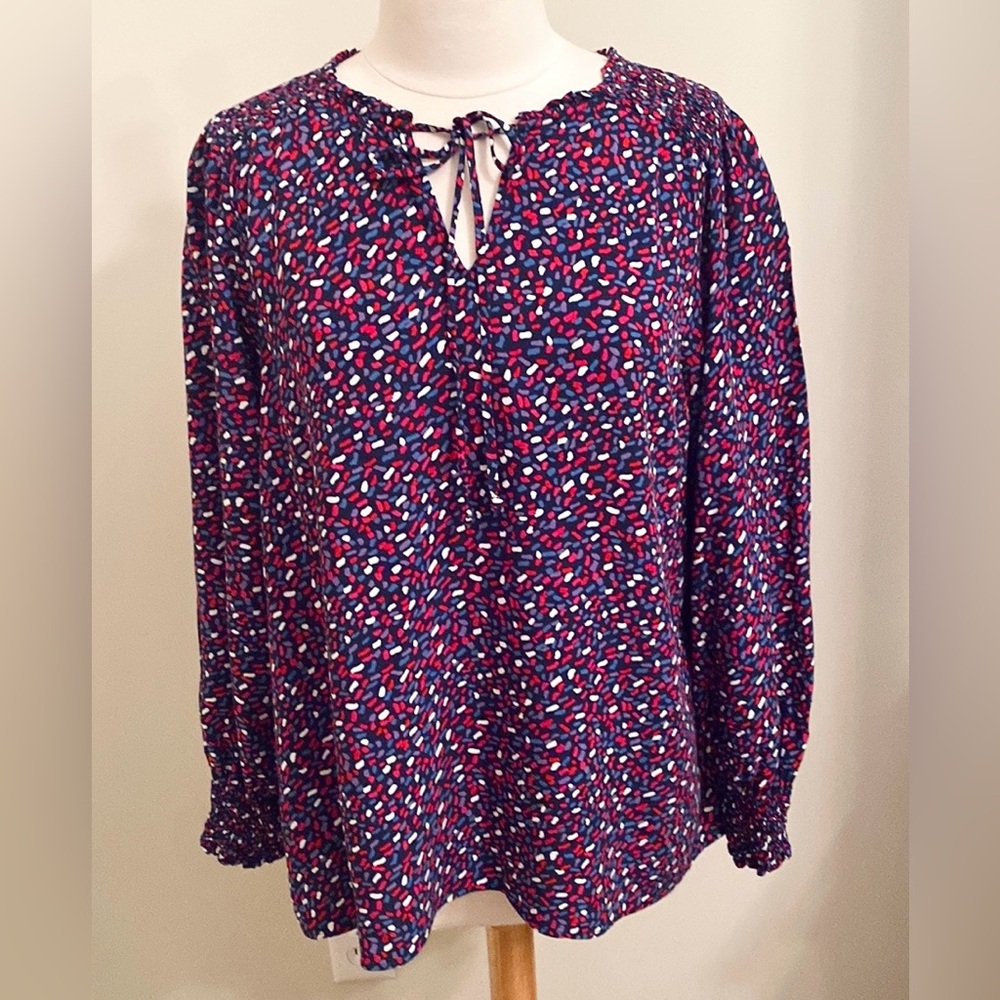 Talbots Red White Purple Confetti Print L Casual Business Chic Preppy Boho Top